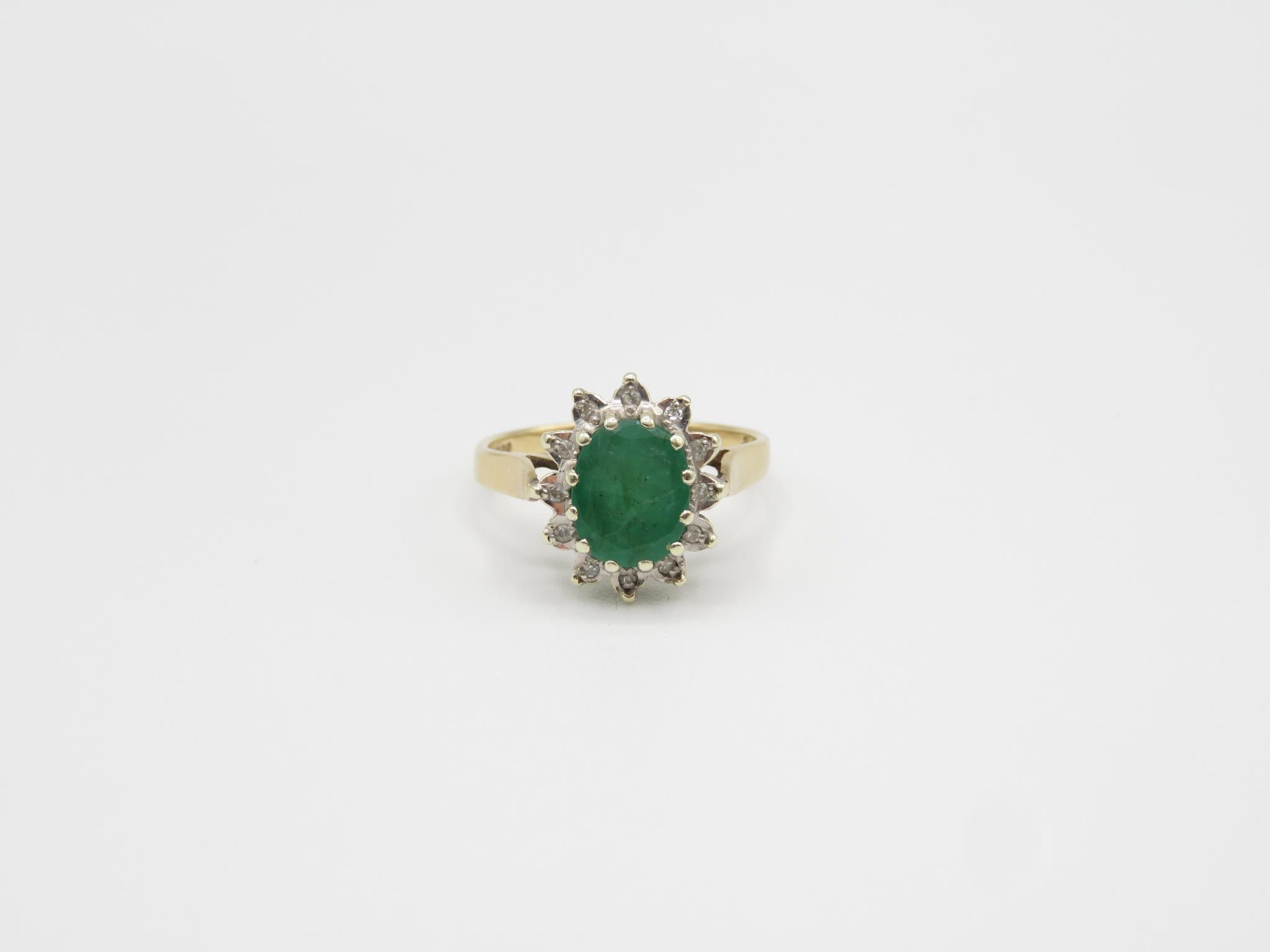 9ct Gold Oval Cut Emerald Single Stone Ring With Diamond Surround (3.2g) Size M