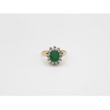 9ct Gold Oval Cut Emerald Single Stone Ring With Diamond Surround (3.2g) Size M