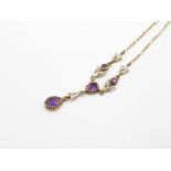 9ct Gold Amethyst & Seed Pearl Necklace With Integral Chain (3.1g)