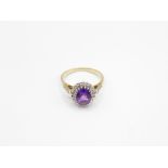 9ct Gold Amethyst Single Stone Ring With Diamond Surround & Shoulders (3.2g) Size P
