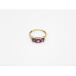 9ct Gold Amethyst Three Stone Ring With Diamond Sides (1.6g) Size P.5