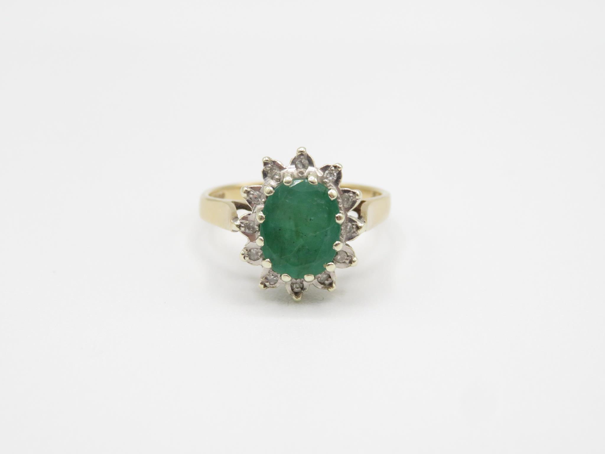 9ct Gold Oval Cut Emerald Single Stone Ring With Diamond Surround (3.2g) Size M - Image 3 of 8