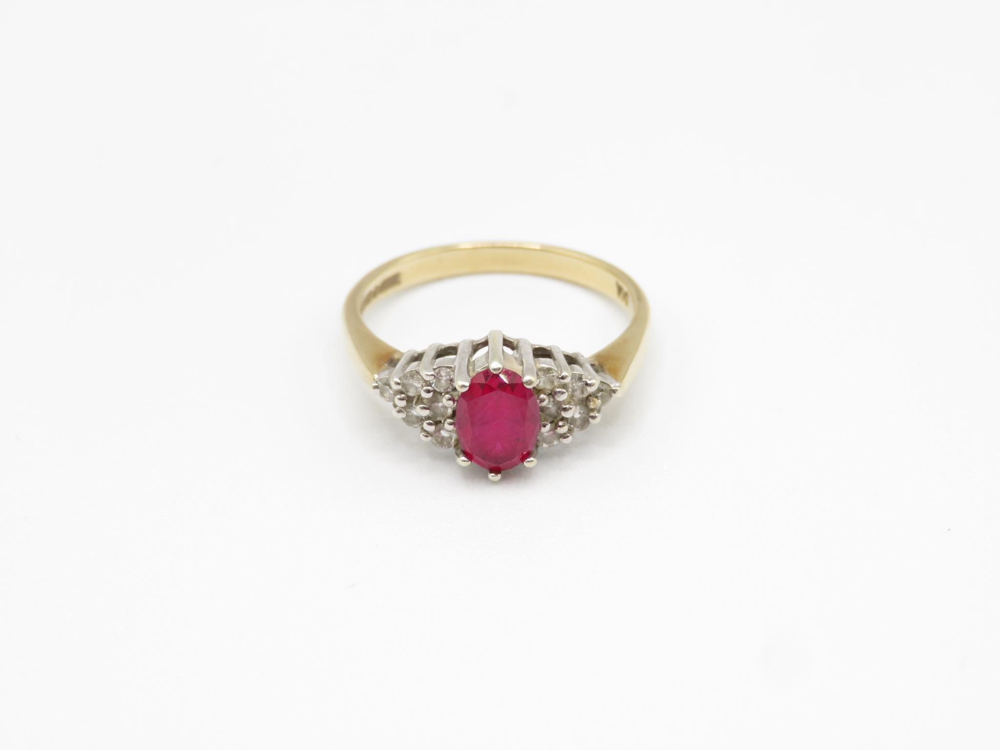 9ct Gold Diamond & Synthetic Ruby Dress Ring (2.9g) Size N.5