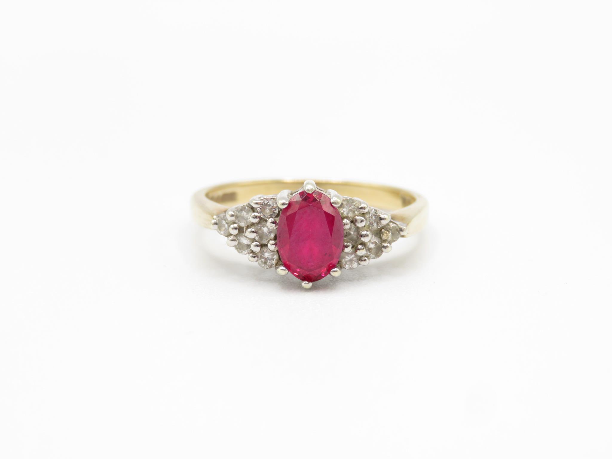 9ct Gold Diamond & Synthetic Ruby Dress Ring (2.9g) Size N.5 - Image 2 of 4
