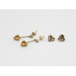 2x 9ct Gold Solitaire Heart Paired Stud Earrings Inc. Citrine And Diamond (2.4g)
