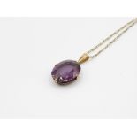 14ct Gold Oval Cut Amethyst Solitaire Pendant Necklace (4.2g)