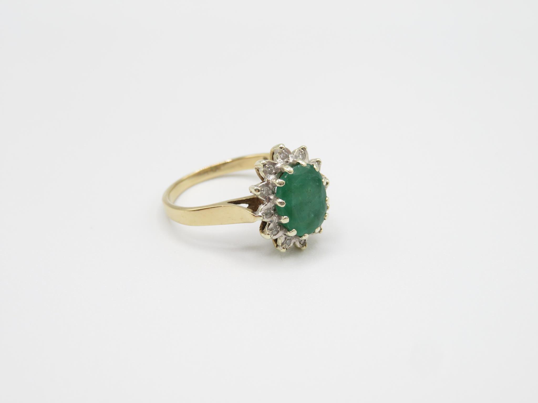 9ct Gold Oval Cut Emerald Single Stone Ring With Diamond Surround (3.2g) Size M - Image 4 of 8