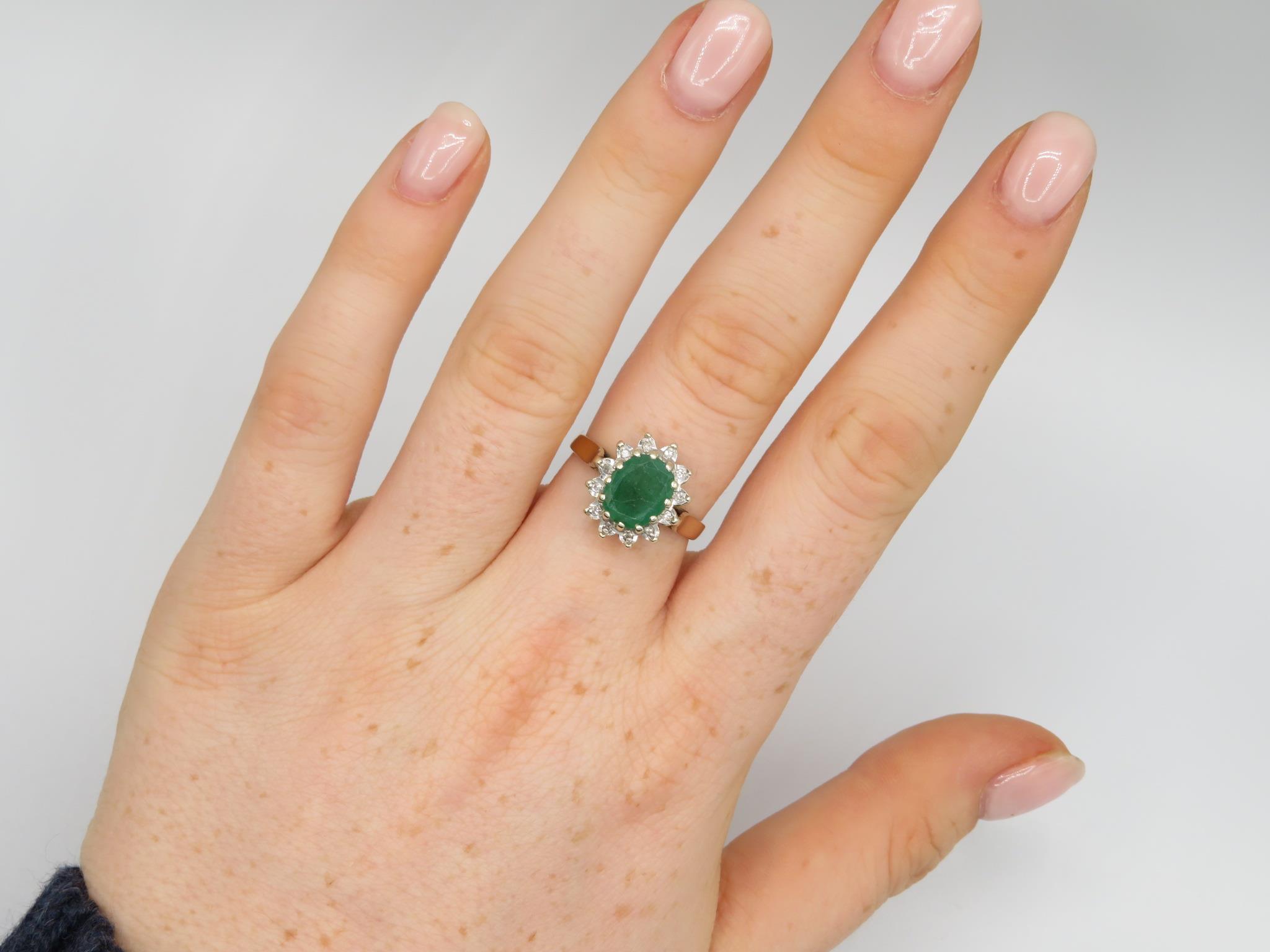 9ct Gold Oval Cut Emerald Single Stone Ring With Diamond Surround (3.2g) Size M - Image 7 of 8