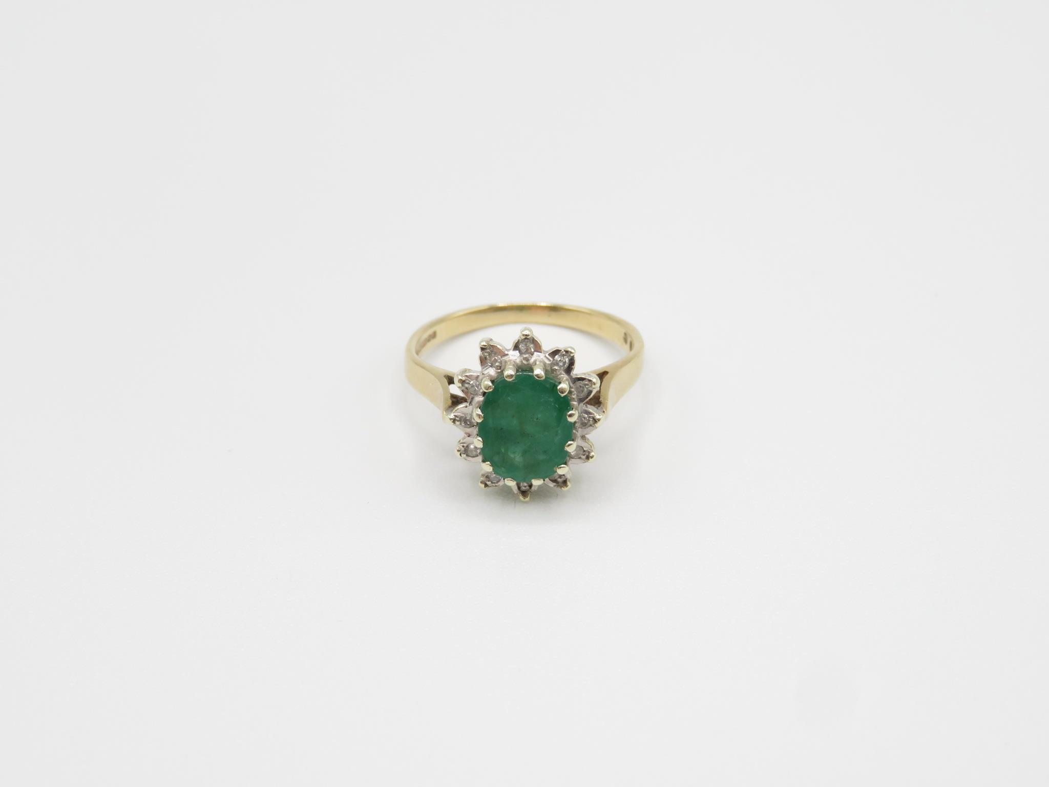 9ct Gold Oval Cut Emerald Single Stone Ring With Diamond Surround (3.2g) Size M - Image 2 of 8