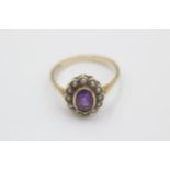 9ct Gold Amethyst & Seed Pearl Oval Halo Ring (2.1g) size 0+1/2