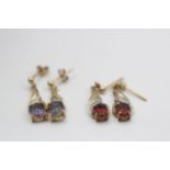 2 X 9ct Gold Mystic Topaz & Garnet Drop Earrings (3.2g)