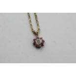 9ct Gold Diamond & Ruby Floral Cluster Pendant Necklace (2.7g)