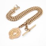 Rose gold vintage double Albert watch chain with 2 dog clips and fob with T bar 16" long 54.2g