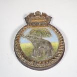 Cold painted bronze Ship's plaque for HMS Gambia with original painting 3.5kg 10" diameter