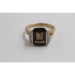 9ct Gold Smoky Quartz Single Stone Ring With Diamond Sides (3.2g) size P