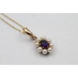 9ct Gold Amethyst & Cultured Pearl Cluster Pendant Necklace (4.8g)