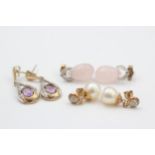 3 X 9ct Gold Gemstone Drop Earrings Inc. Diamond, Cultured Pearl, Rose Quartz & Amethyst (6.3g)