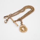 9ct rose gold vintage watch chain fob and T bar 42.7g 15" long