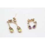 2 X 9ct Gold Diamond, Amethyst & Peridot Drop Earrings (2.6g)