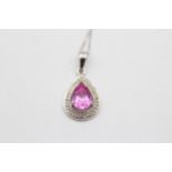9ct White Gold Pink Gemstone & Diamond Teardrop Pendant Necklace (1.4g)