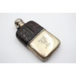 Antique Victorian 1893 Sheffiled STERLING SILVER & Leather Hip Flask (223g) // w/ Personal Engraving