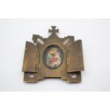 Antique Handpainted Porcelain Virgin Mary & Jesus in Brass Frame w/ Hinged Doors // Dimensions: 10.