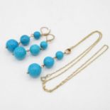 9ct Gold Turquoise Beaded Drop Pendant Necklace & Paired Leverback Earrings Set (15.3g)
