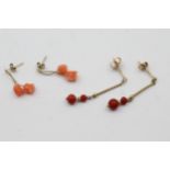 2x 9ct Gold Coral Tassel Drop Paired Stud Earrings (2g)