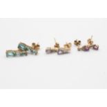 3x 9ct Gold Paired Stud Earrings Inc. Diamond/Amethyst/Tanzanite (3.4g)