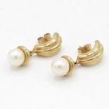 9ct Gold Pearl And Curb Drop Two Part Drop Stud Earrings (3g)