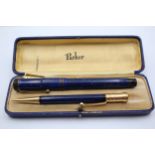 Vintage PARKER Duofold Blue FOUNTAIN PEN w/ 14ct Gold Nib, Pencil, Original Box // Vintage PARKER
