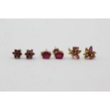 3x 9ct Gold Ruby Paired Stud Earrings (2.2g)