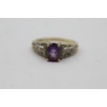 9ct White And Yellow Gold Diamond And Amethyst Solitaire And Shoulder Multirow Set Dress Ring (2.8g)