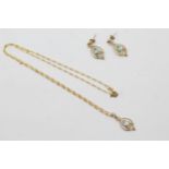 9ct Gold Topaz Ornate Filigree Pendant Necklace & Paired Drop Stud Earrings Set (3.7g)