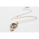 9ct Gold Pearl And Amethyst Ornate Cluster Pendant Necklace (2.8g)