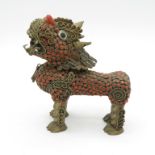 Chinese bronze Fu dog with detachable head to reveal container within - coral inserts - 110mm long x