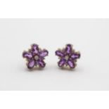 9ct Gold Diamond & Amethyst Floral Cluster Stud Earrings (2.6g)