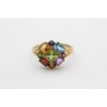 9ct Gold Multi-Gemstone Floral Cluster Ring Inc. Amethyst, Peridot, Garnet, Citrine, Diamond & Topaz