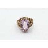 9ct Gold Mid Century Amethyst Single Stone Ring With Textured Openwork Shank (5.4g) Size K