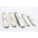 5 x Antique Hallmarked .925 STERLING SILVER Fruit Knives w/ MOP Handles (110g) // In antique