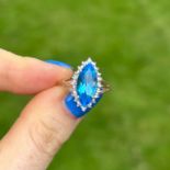 9ct Gold Blue Topaz Single Stone Ring With Diamond Surround (3g) Size N