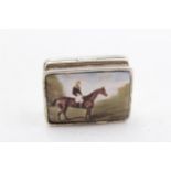 Vintage Stamped .925 STERLING SILVER Pill / Trinket Box w Enamel Horse Scene 25g // Dimensions -