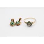 2 X 9ct Gold Emerald And Diamond Set Earrings And Ring (3.2g) Size R