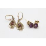 2 X 9ct Gold Amethyst And Garnet Set Earrings (3.6g)