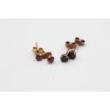 2 X 9ct Gold Sapphire And Synthetic Ruby Set Stud Earrings (0.9g)