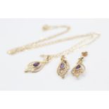 9ct Gold Amethyst Set Matching Earrings And Pendant Necklace Set (2.9g)
