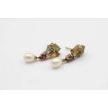 9ct Gold Topaz, Citrine, Peridot, Garnet And Cultured Pearl Cluster Drop Earrings (2.4g)