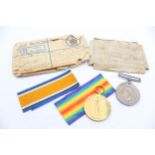 WW1 Medal Pair w/ Postal Packets, Ribbons, Named 87657 Pte Broadhurst RAMC // In antique condition
