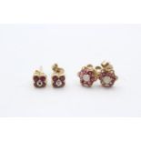2 X 9ct Gold Ruby, Diamond And Opal Set Stud Earrings (2.2g)