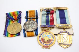 WW1 Medal Pair w/ Original Ribbons & RAOB Medals, Pair Pte Kent W. Yorks // In antique condition